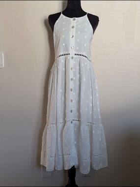 Farm Rio White Eyelet Shell Button Midi Dress 3D Floral Detail 100% Cotton Small